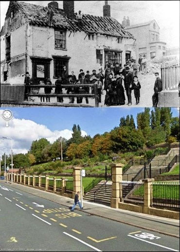 The Everton toffee shop being demolished at the end of the 19th century, and the site today.